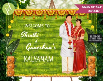 May include: A green and yellow welcome sign with a floral garland, a couple in traditional Indian wedding attire, and the text "WELCOME TO Shruthi & Ganeshan's KALYANAM". The sign is available in two sizes: 18" x 24" and 24" x 36".