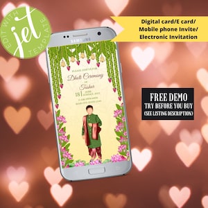 May include: A digital invitation for a Dhati Ceremony, featuring a boy in traditional Indian clothing. The invitation includes the name "Tushar", the date "18th June, 2023", and the time "11 AM onwards".