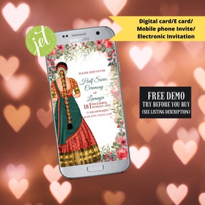 Bearbeitbare Half Saree Zeremonie Telefon einladen, Half Saree digitale einladen, Langa Voni Zeremonie Telefon einladen, Pubertätszeremonie einladen