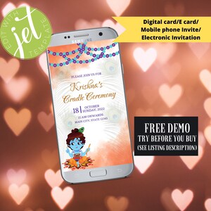 Invitación de teléfono móvil personalizable para diversas ocasiones y eventos, invitación móvil Desi, tarjeta electrónica, invitación digital para niños indios, Krishna