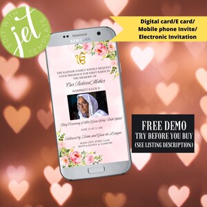 May include: A pink and white digital invitation for a first barsi ceremony. The invitation features a photo of a woman, floral decorations, and the text "The Kapoor Family Kindly Request Your Presence for First Barsi in the Memory of Our Beloved Mother Harpreet Kaur Ji".
