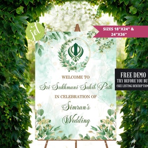 Può includere: Un cartello di benvenuto per matrimonio verde e dorato con una ghirlanda di fiori e il simbolo Sikh. Il cartello recita "Benvenuti a Sri Sukhmani Sahib Path in celebrazione del matrimonio di Simran".