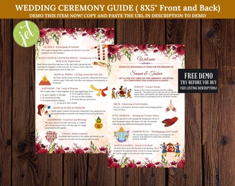 May include: A wedding ceremony guide, front and back, with a burgundy floral border. The guide includes text and illustrations detailing various wedding rituals. The text includes "Wedding Ceremony Guide" and "Free Demo". The guide measures 8x5 inches.