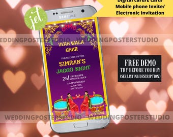 May include: A digital invitation for a Jaggo Night celebration. The invitation features a purple background with a gold border and a picture of two people dancing. The text on the invitation reads "Simran's Jaggo Night" and includes the date and time of the event. The invitation is displayed on a smartphone screen.