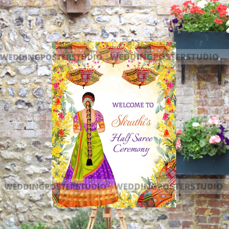Half Saree Ceremony Sign, Half Saree Welcome Sign, South Indian Welcome Sign, Tamil Ceremony Welcome Sign, Puberty Ceremony Sign, Girl Half Saree Ceremony, Langa Voni Ceremony, pattu pavadai daavani Ceremony, Ritu Kala Samskara, Ritu Shuddhi Sign