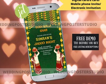 May include: A digital invitation for a Jaggo Night celebration. The invitation features a green background with a gold border and text that reads "Vyah Wala Ghar" and "Simran's Jaggo Night". The date and time of the event are listed as "December 25, Sunday, 20XX, 11 AM onwards". The location is listed as "Main City, State 12345". The invitation also features two women in traditional Indian clothing carrying pots on their heads.