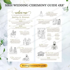 Pode incluir: Um guia da cerimónia de casamento Sikh, com cerca de 10 x 20 cm, com fundo creme e detalhes dourados. O guia inclui ilustrações e texto que detalham a ordem dos eventos para a cerimónia Anand Karaj.