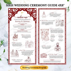 May include: A Sikh wedding ceremony guide, 4x8 inches, with a burgundy border and text. The guide includes the names Sunny & Simran, the date, and an order of events with illustrations. The words "welcome" and "Wedding Ceremony Program" are also visible.