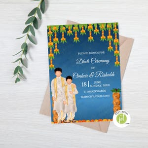 May include: A blue invitation card for a Dhoti Ceremony. The card features illustrations of two people in traditional attire, with text that reads "Please join us for Dhoti Ceremony of Omkar & Rishabh". The card is decorated with floral elements.