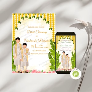 May include: A wedding invitation and a smartphone display a Dhoti Ceremony announcement. The design features illustrations of two figures in traditional attire, floral and leaf accents, and event details. The invitation is in yellow and white.