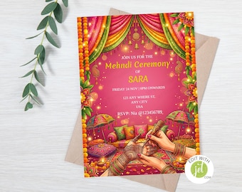 Bride Mehndi Invite, Henna night Invitaions (digital), Mendhi cards