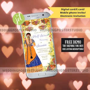 Half Saree Zeremonie Telefon einladen, halb Saree digitale Einladung, tamilische Zeremonie Telefon einladen, Pattupavadaidavani Karte, Pubertätszeremonie einladen