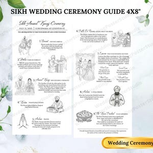 Può includere: Guida alla cerimonia nuziale Sikh in bianco e nero, 10x20 cm, con illustrazioni e testo che descrivono i rituali. La guida include dettagli sulla cerimonia Anand Karaj, comprese preghiere e letture.