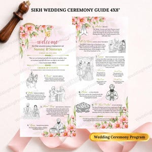 Może przedstawiać: Przewodnik po ceremonii ślubnej Sikhów, 10x20 cm, z kwiatowymi i złotymi akcentami. Przewodnik zawiera kolejność wydarzeń, ilustracje i tekst. Tytuł "Witamy" znajduje się na górze, z imionami Sunny & Simran. Drewniany przedmiot znajduje się w lewym górnym rogu.