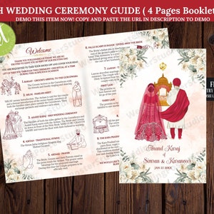 Pode incluir: Um guia para uma cerimônia de casamento Sikh com ilustrações das diferentes etapas. O guia é impresso em papel branco com um design floral e o texto "Anand Karaj of Simran & Karanveer Jan 22 20XX".