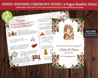 May include: A pink and green floral border surrounds a white background with the text "The Ceremony Guide for the Wedding of Tushar & Saanvi 20th Dec 2023".  An illustration of a Hindu deity is in the upper right corner.
