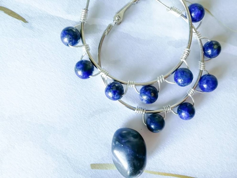 Lapis lazuli statement earrings \u2022 Beaded Hoop earrings with Crystals Wire wrapped Earrings with Beads Medium Hoop Earrings Elegant hoops