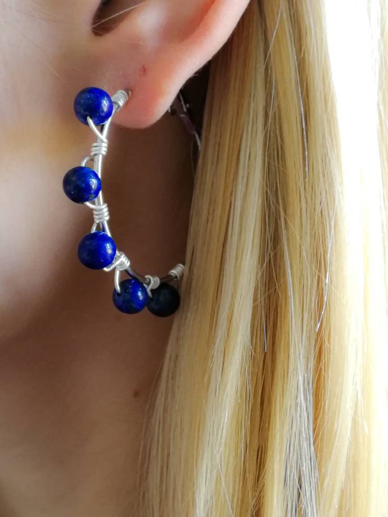 Lapis lazuli statement earrings \u2022 Beaded Hoop earrings with Crystals Wire wrapped Earrings with Beads Medium Hoop Earrings Elegant hoops