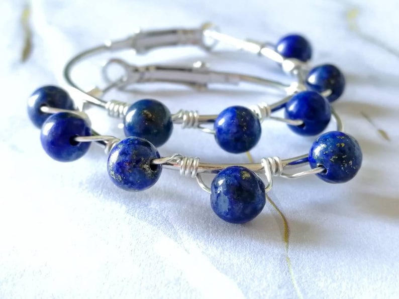 Lapis lazuli statement earrings \u2022 Beaded Hoop earrings with Crystals Wire wrapped Earrings with Beads Medium Hoop Earrings Elegant hoops