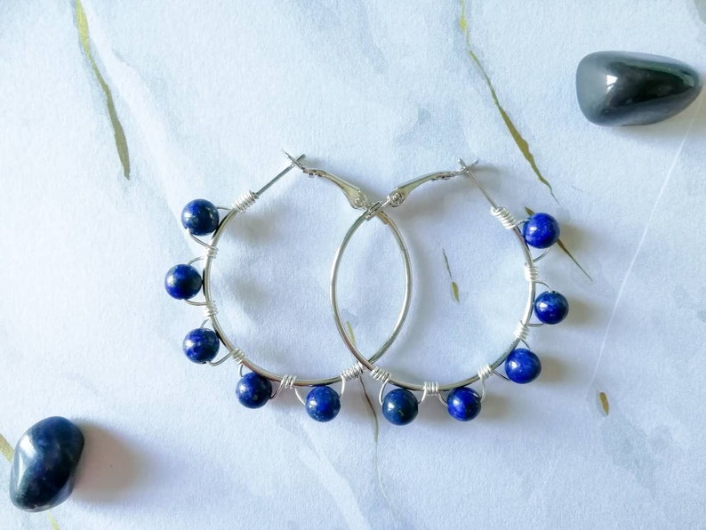 Lapis lazuli statement earrings \u2022 Beaded Hoop earrings with Crystals Wire wrapped Earrings with Beads Medium Hoop Earrings Elegant hoops