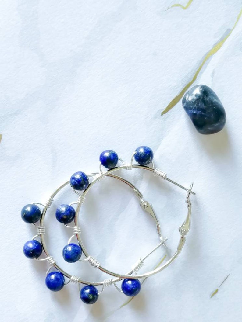 Lapis lazuli statement earrings \u2022 Beaded Hoop earrings with Crystals Wire wrapped Earrings with Beads Medium Hoop Earrings Elegant hoops