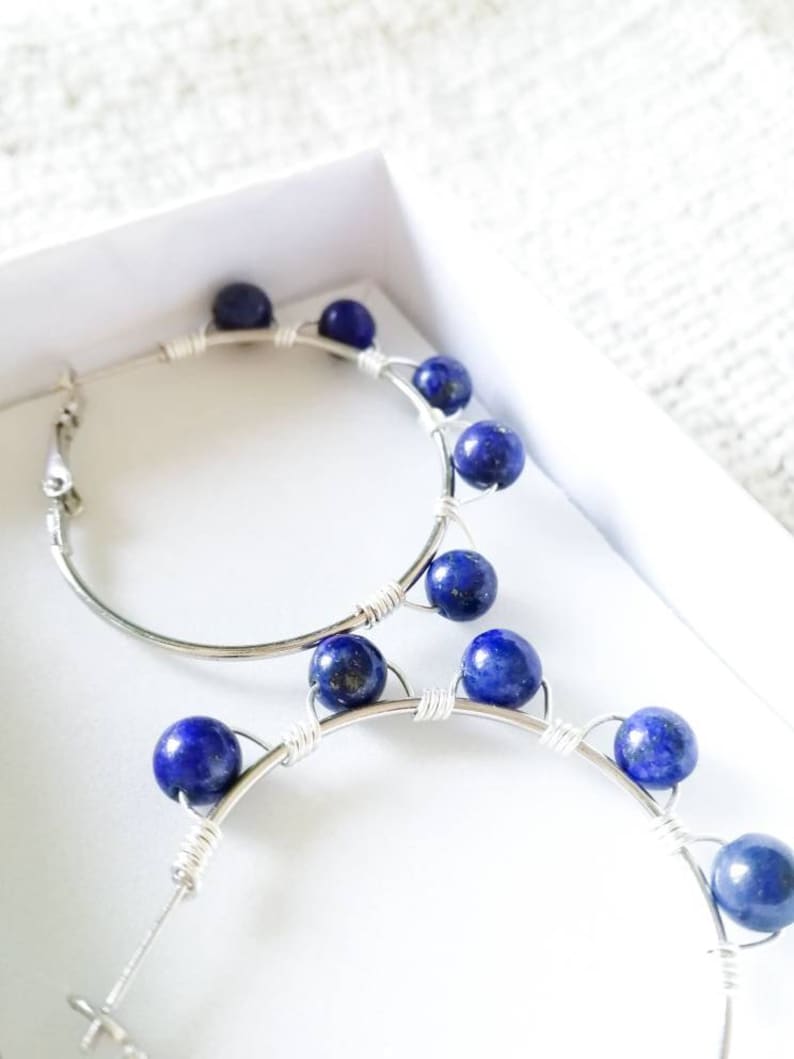 Lapis lazuli statement earrings \u2022 Beaded Hoop earrings with Crystals Wire wrapped Earrings with Beads Medium Hoop Earrings Elegant hoops