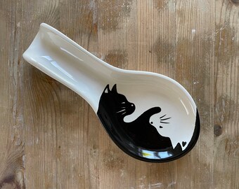 Black and White Cat Themed Ceramic Spoon Rest | Hand Painted Ying and Yang | Kitchenalia