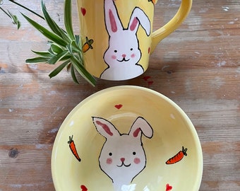 Hand Painted Bunny Bowl & Mug Set | Rabbit Bowl and Mug | Easter Mug and Breakfast Bowl