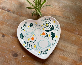 Heart Shaped Dish | Ceramic Trinket Dish | ring Dish | Rabbit Design | Hand Painted Small Plate | Easter Plate