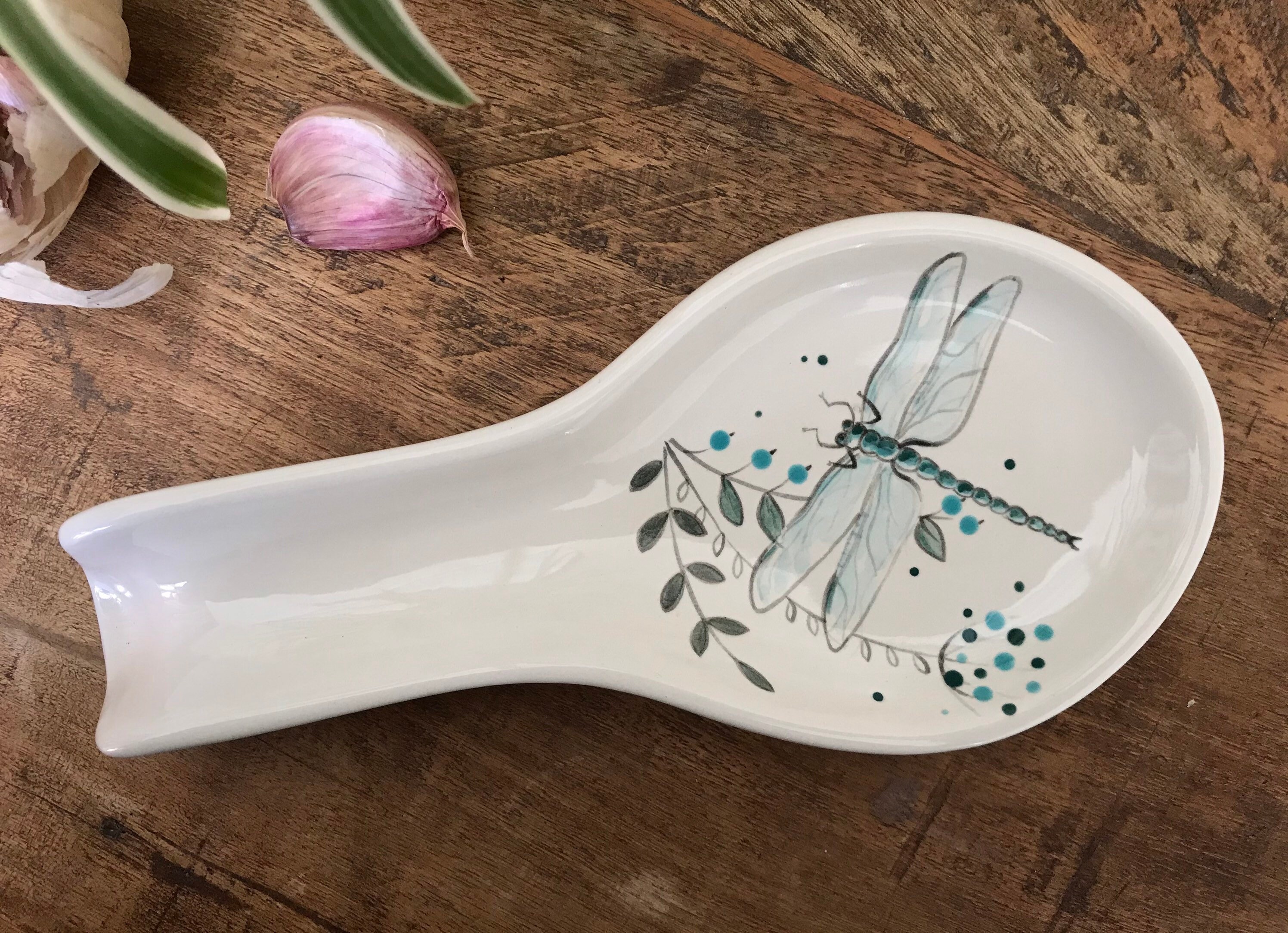 Ceramic Spoon Rest with Dragonfly Design Hand Painted Spoon Etsy