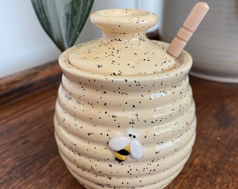 Honey Pot with Lid and Wooden Dibber | Honey Jar | Hand Painted Honey Pot