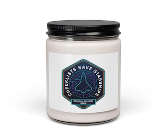Checklists Save Starships Soy Candle, mission patch space‑survival, hard sci‑fi exploration