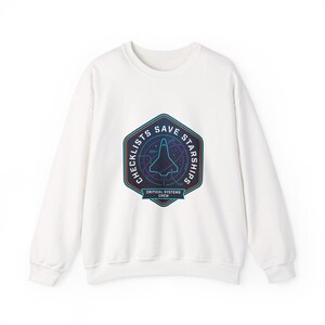 Sudadera con cuello redondo y lista de verificación / parche de misión de supervivencia espacial, exploración de ciencia ficción dura