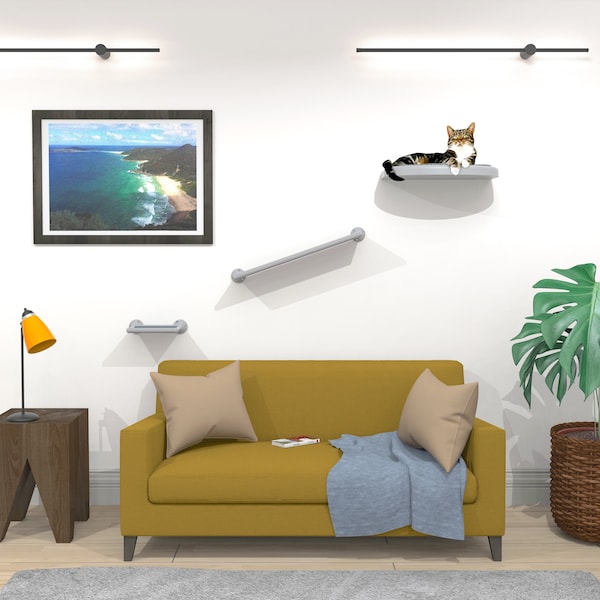 Cat Shelves Set. Build The Perfect Cat Wall Furniture. 2 Adaptable Walkways With Shelf & Cushion. Durable Wall-Mounted Modern Cat Furniture.