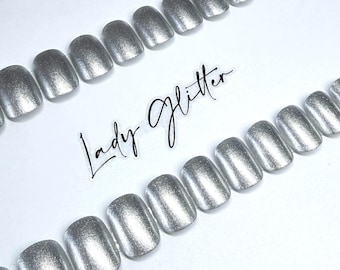 Silver Shimmer Shiny Hand Painted XS Squoval Press on Nails (Set of 28)