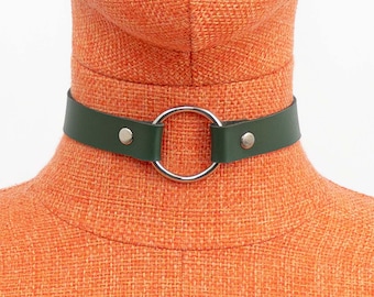 Green Leather Choker O Ring Minimalist Necklace