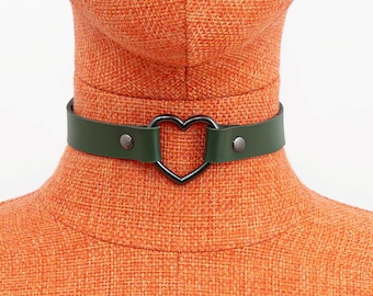 Leather Heart Ring Choker, Day Collar Necklace