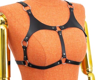 Lingerie Harness Set, No Cup Bra and Leather Thong