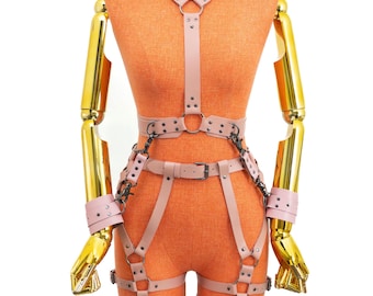 Reversible Chest Bondage Set with Thigh Harness and Wrist Cuffs
