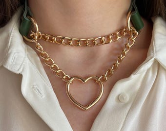 Slip Chain Choker with Heart, Leather Gothic Necklace for Women