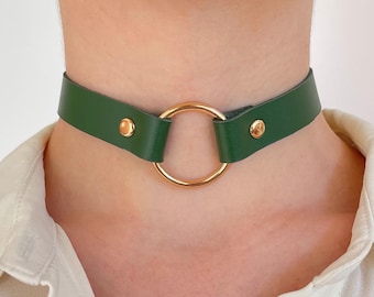 Green Leather O-Ring Choker, Handmade Goth Collar, Custom Name