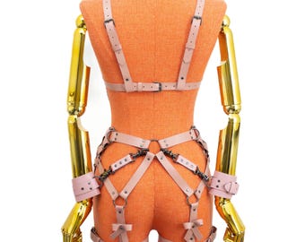 Pentagram Open Bust Bondage Set with Bow Garters and Wrist Cuffs