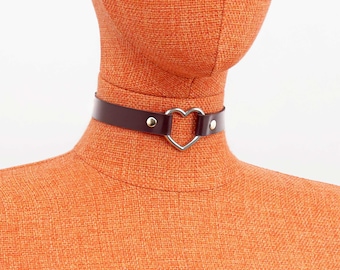 Marsala Läder Hjärtformad Choker, Gotiskt Kragehalsband