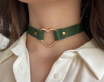 Leather Choker Heart Ring, Handmade Necklace