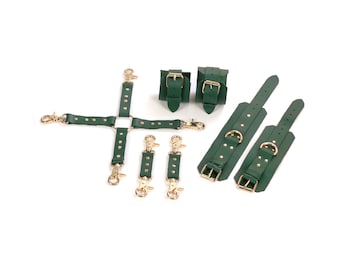 Green Leather Bondage Set Wrist Cuffs Ankle Cuffs Short Connectors 4-Way Connector Restraints