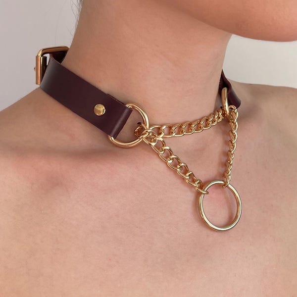Marsala Leather Choker with Chain, Gothic Punk Ring Collar, Custom Name