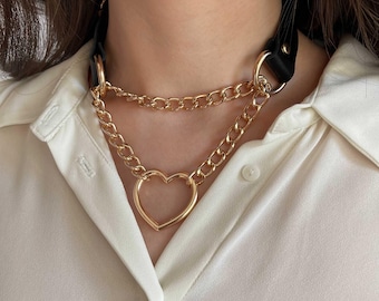 Black Leather Choker with Gold Heart Chain, Gothic Collar