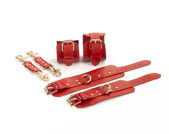 Leather Bondage Handcuffs with Connector Restraints