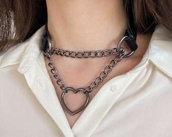 Black Leather Heart Choker, Gothic Chain Collar Necklace