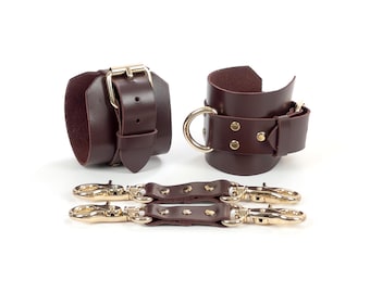 Leather Bondage Handcuffs with Connector Restraints